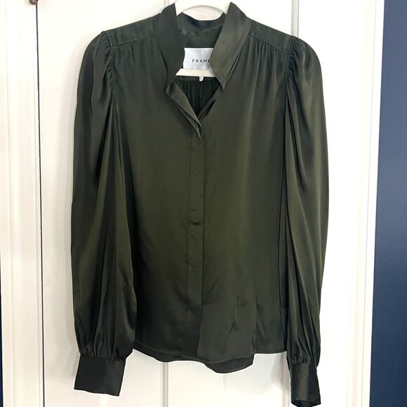 ♥️ FRAME Gillian Puff Sleeve Silk Shirt Surplus Green Long Sleeve Size M - Picture 4 of 14